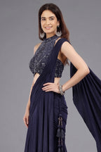 Blue Crepe Silk Readymade Saree with Embellished Heltar Neck Blouse