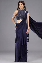 Blue Crepe Silk Readymade Saree with Embellished Heltar Neck Blouse
