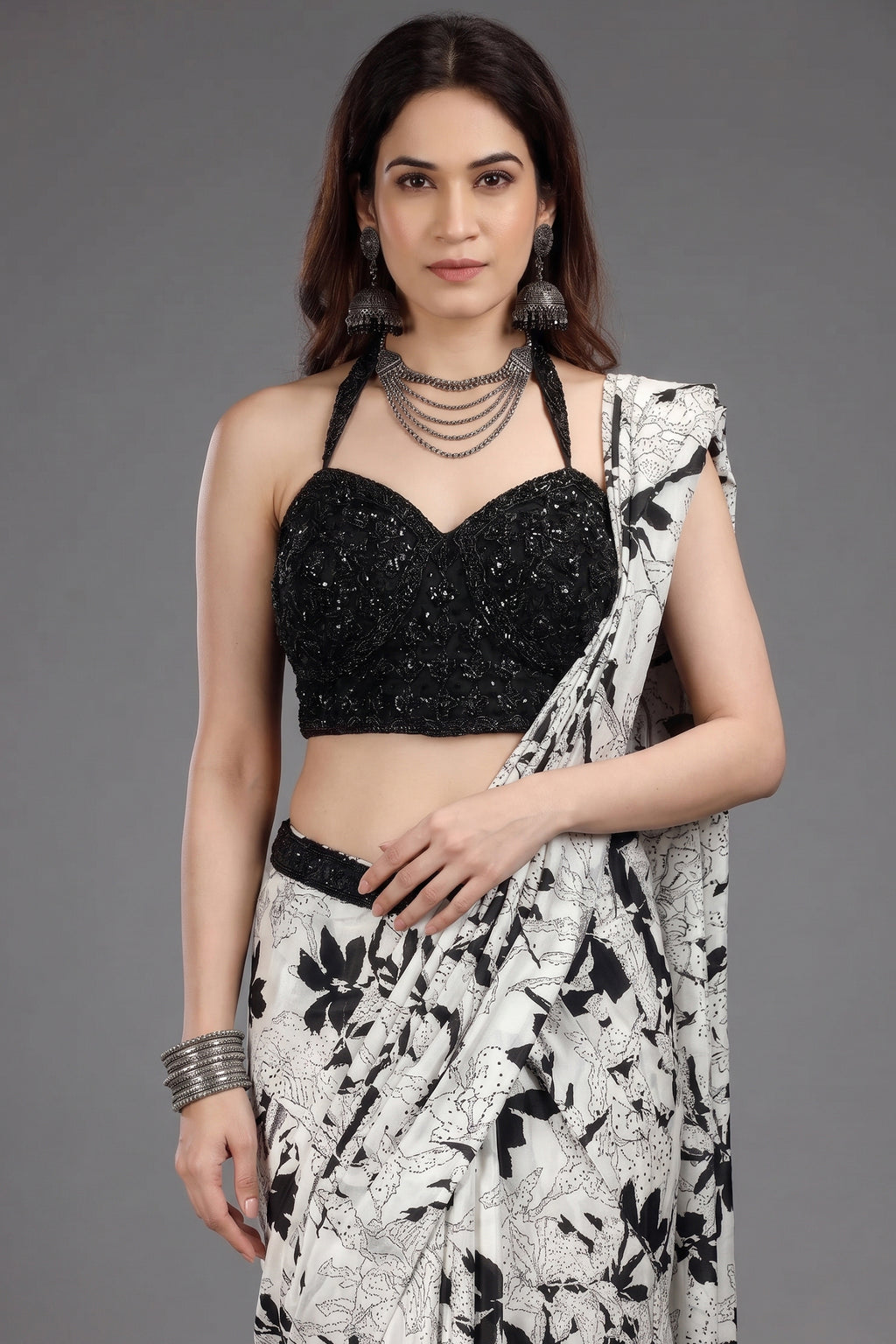 Pearl White Crepe Silk Printed Readymade Saree with Embellished Blouse