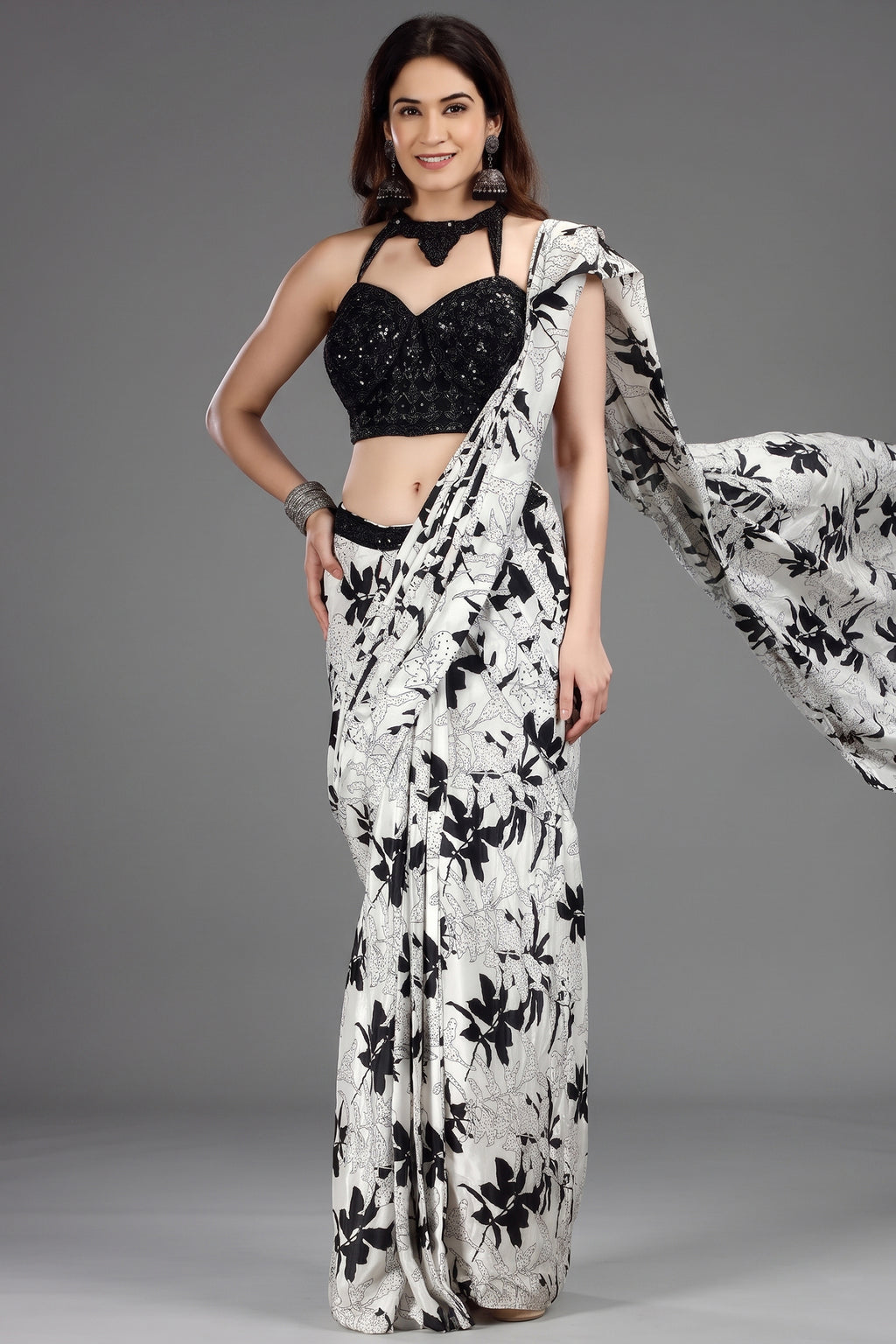 Pearl White Crepe Silk Printed Readymade Saree with Embellished Blouse