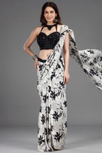 Pearl White Crepe Silk Printed Readymade Saree with Embellished Blouse