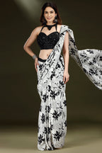 Pearl White Crepe Silk Printed Readymade Saree with Embellished Blouse