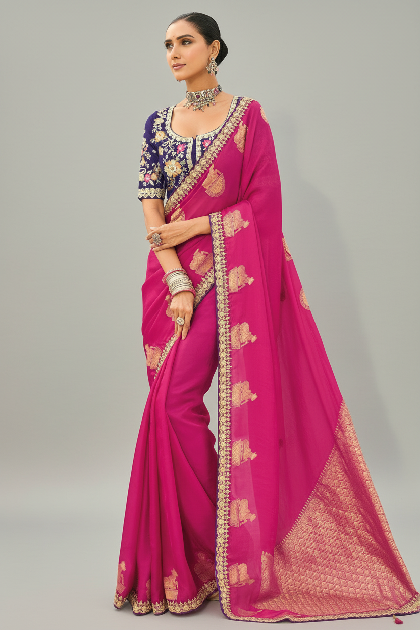 Dark Pink Viscose Woven Butta Saree with Embroidery Border