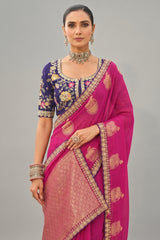 Dark Pink Viscose Woven Butta Saree with Embroidery Border