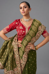 Olive Green Viscose Woven Saree with Embroidery Border