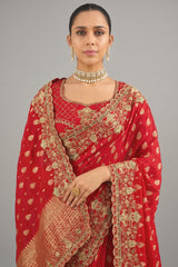 Red Viscose Woven Saree with Embroidery Border