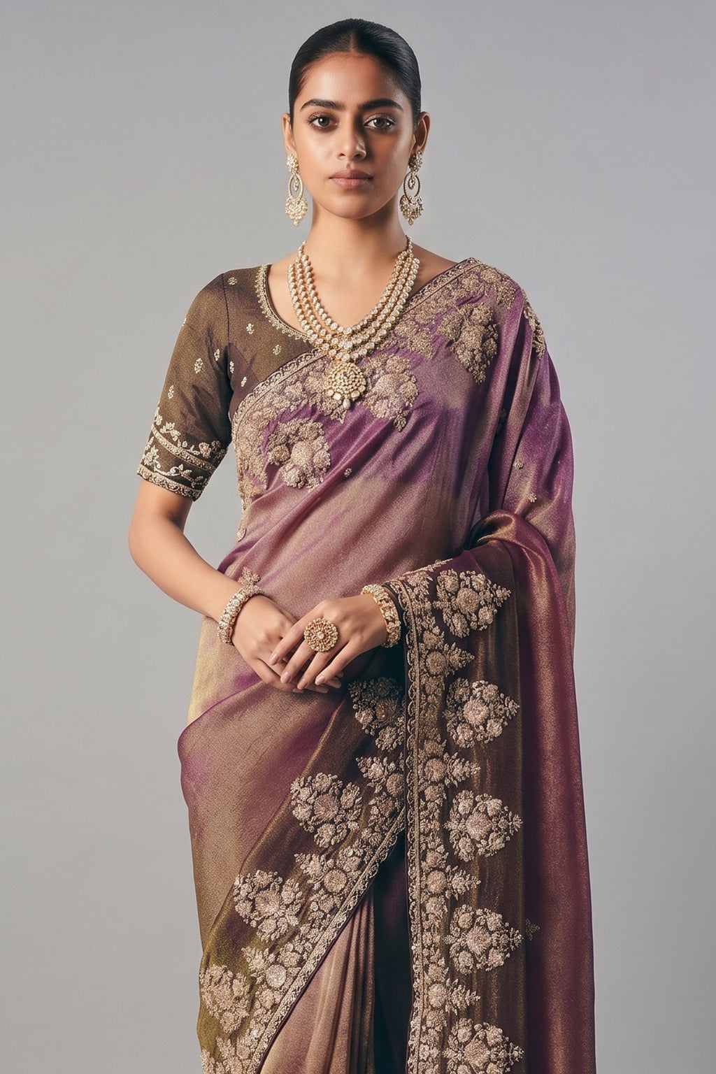 Brown and Purple Tissue Saree with Sequin and Embroidered Border