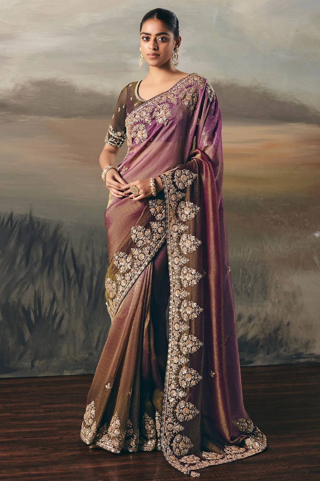 Brown and Purple Tissue Saree with Sequin and Embroidered Border