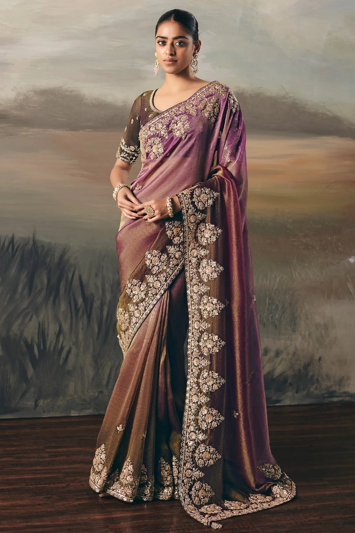 Brown and Purple Tissue Saree with Sequin and Embroidered Border