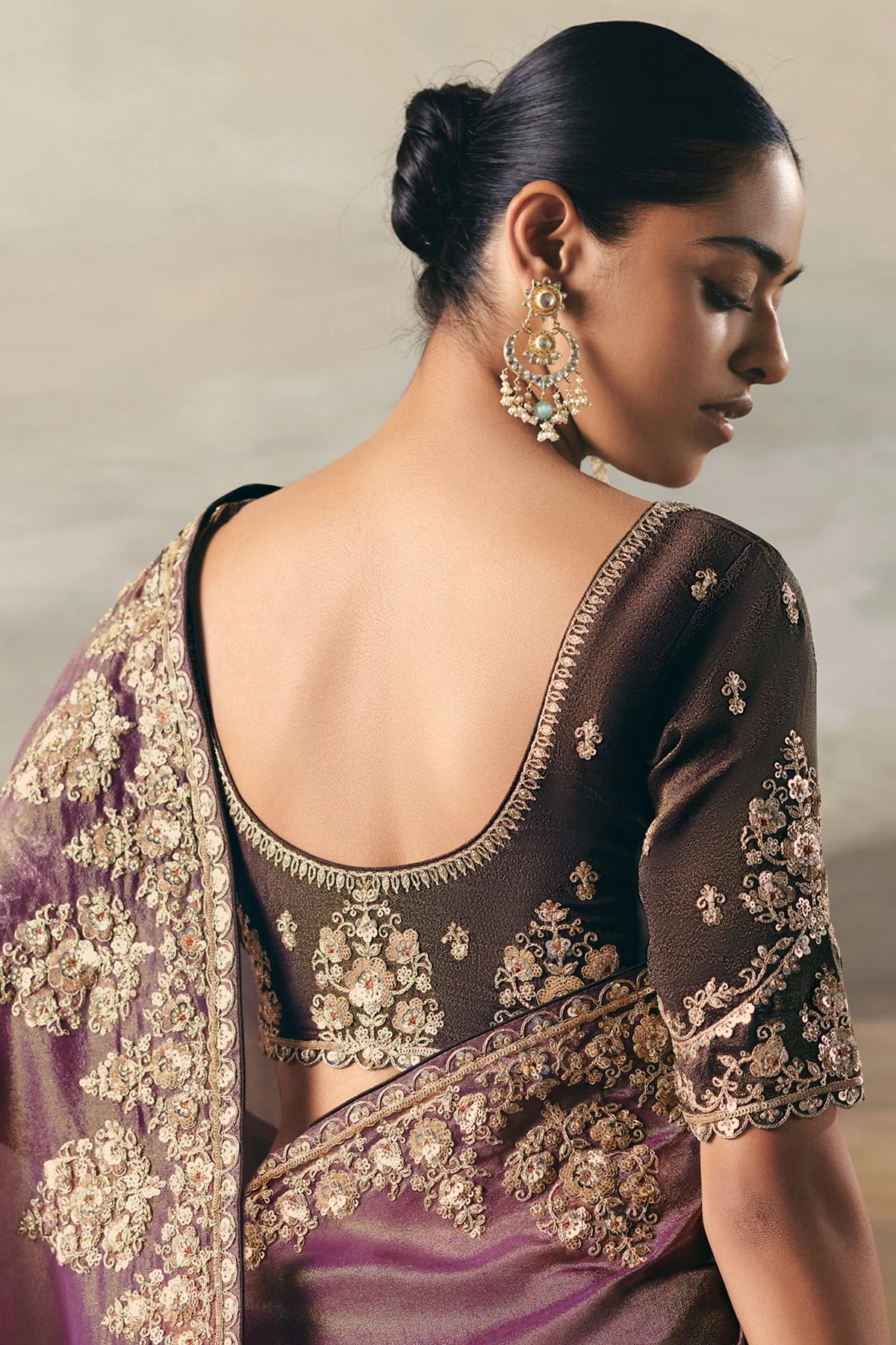 Brown and Purple Tissue Saree with Sequin and Embroidered Border