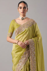 Green Tissue Saree with Sequin and Embroidered Border
