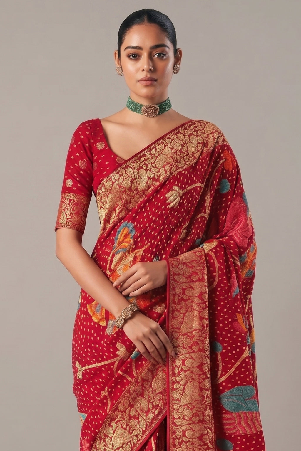 Dark Red Georgette Traditional Bandhej Weaving Saree