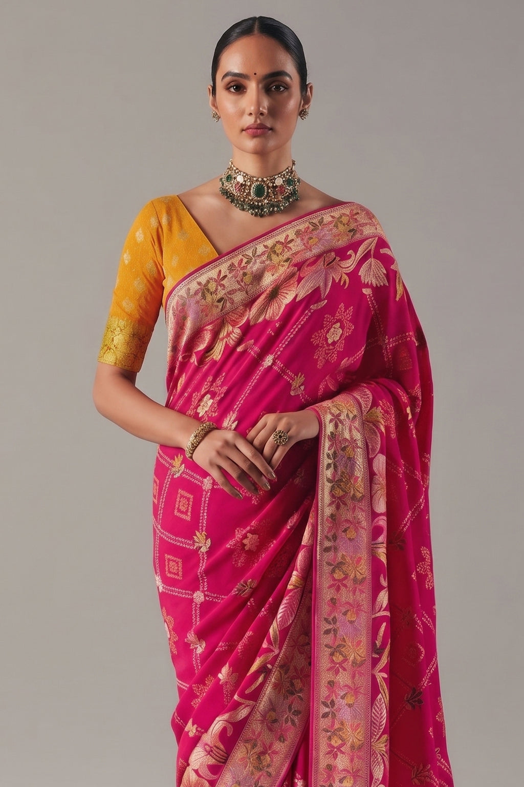 Dark Pink Georgette Traditional Bandhej Weaving Saree