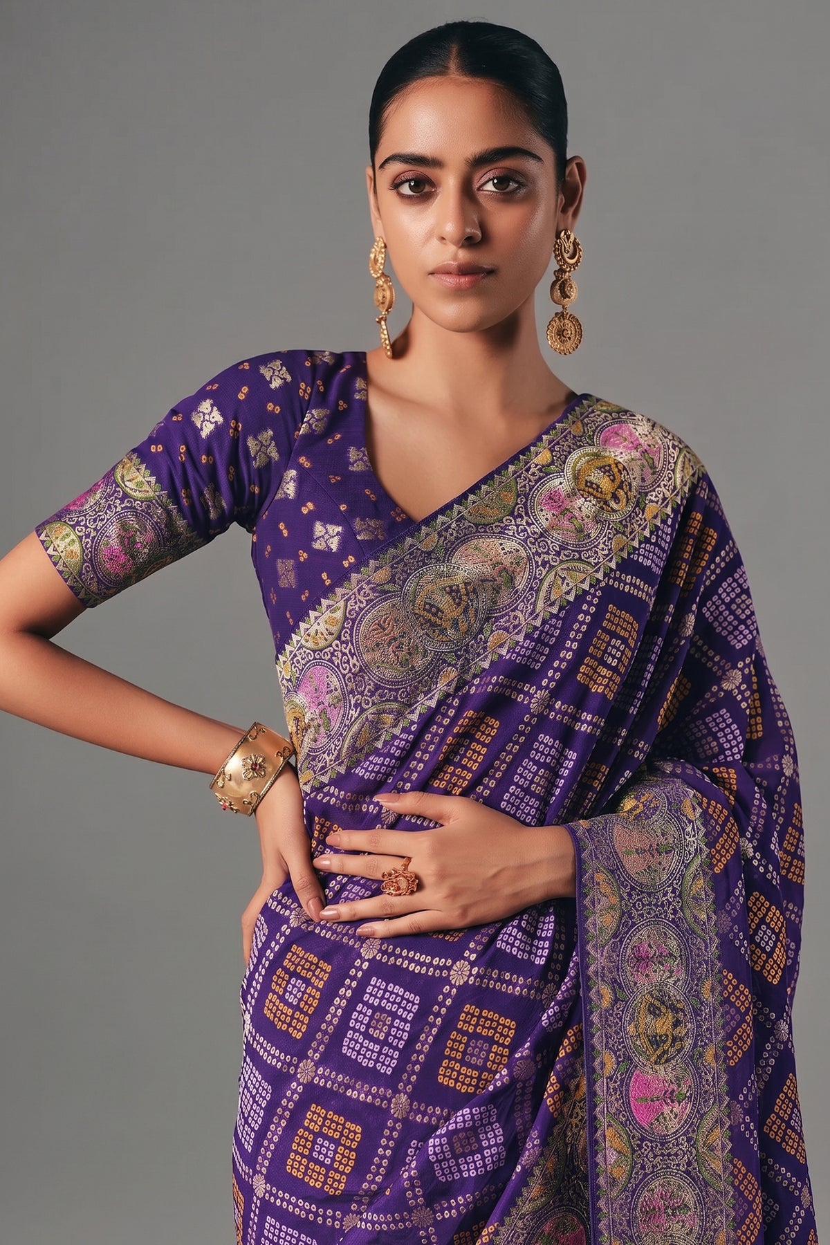 Indigo Purple Checks Georgette Traditional Bandhej Weaving Saree