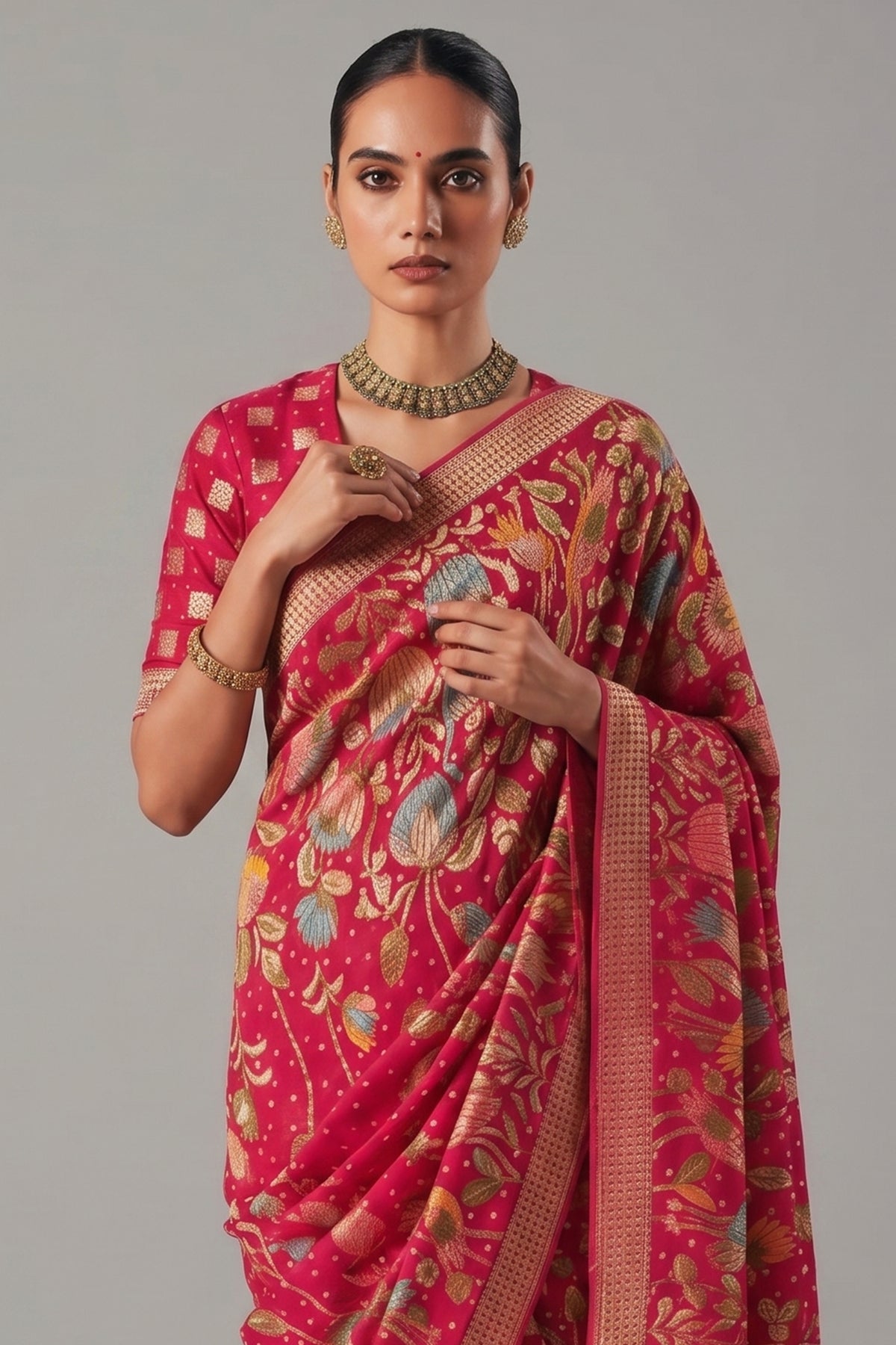 Pink Georgette Traditional Floral Motif Bandhej Saree