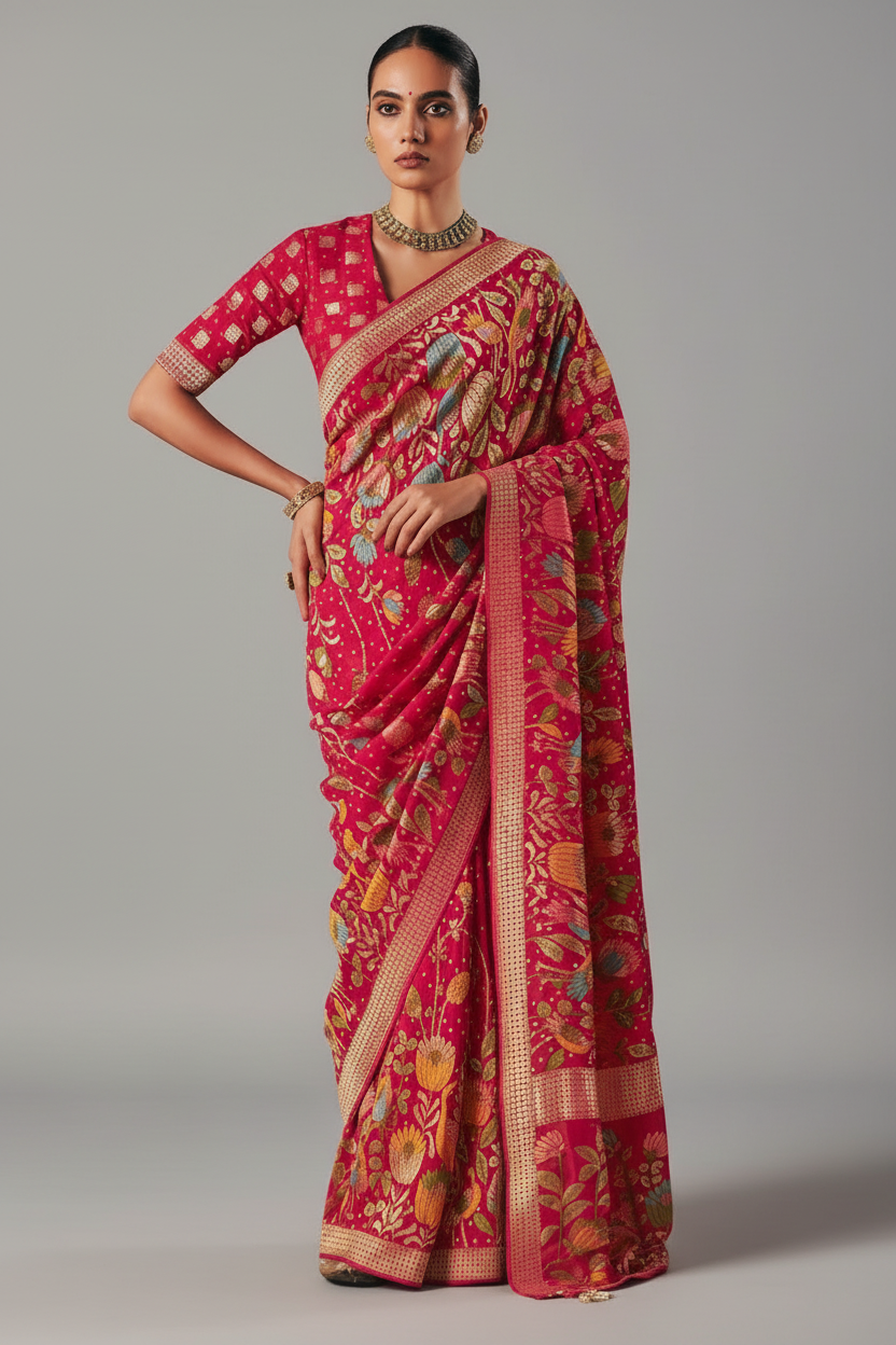 Pink Georgette Traditional Floral Motif Bandhej Saree
