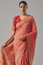 Pink and Red Georgette Traditional Bandhej Weaving Saree
