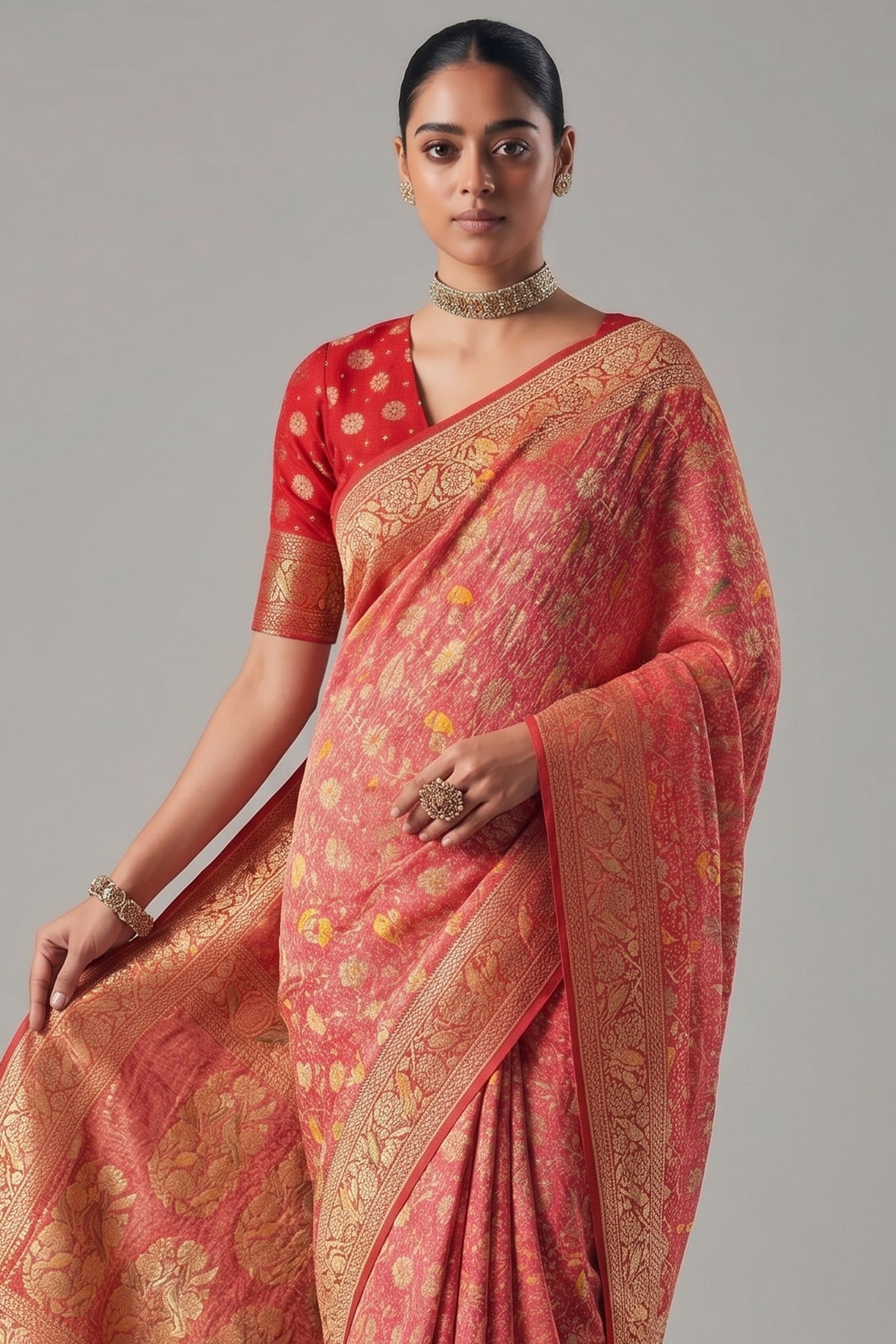 Pink and Red Georgette Traditional Bandhej Weaving Saree