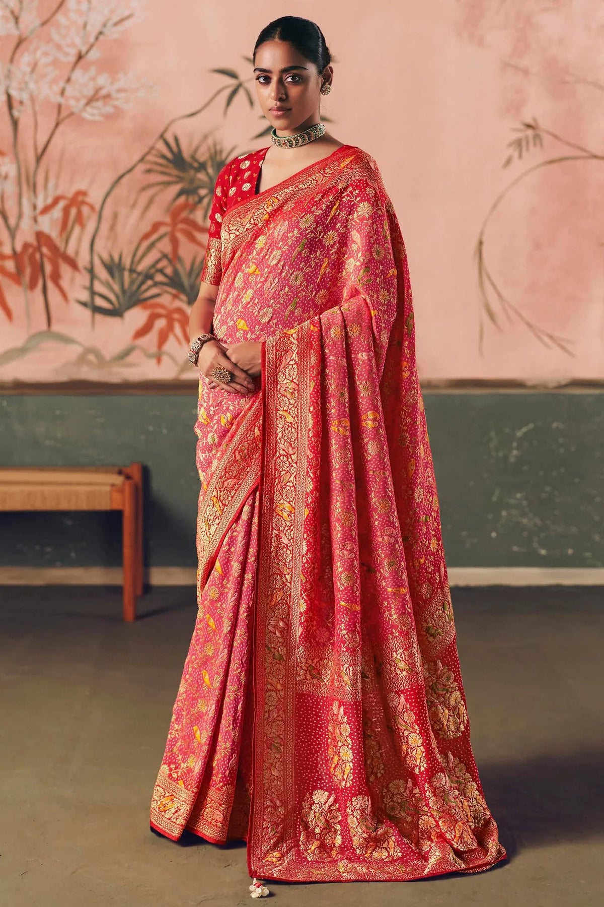 Pink and Red Georgette Traditional Bandhej Weaving Saree