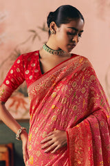 Pink and Red Georgette Traditional Bandhej Weaving Saree
