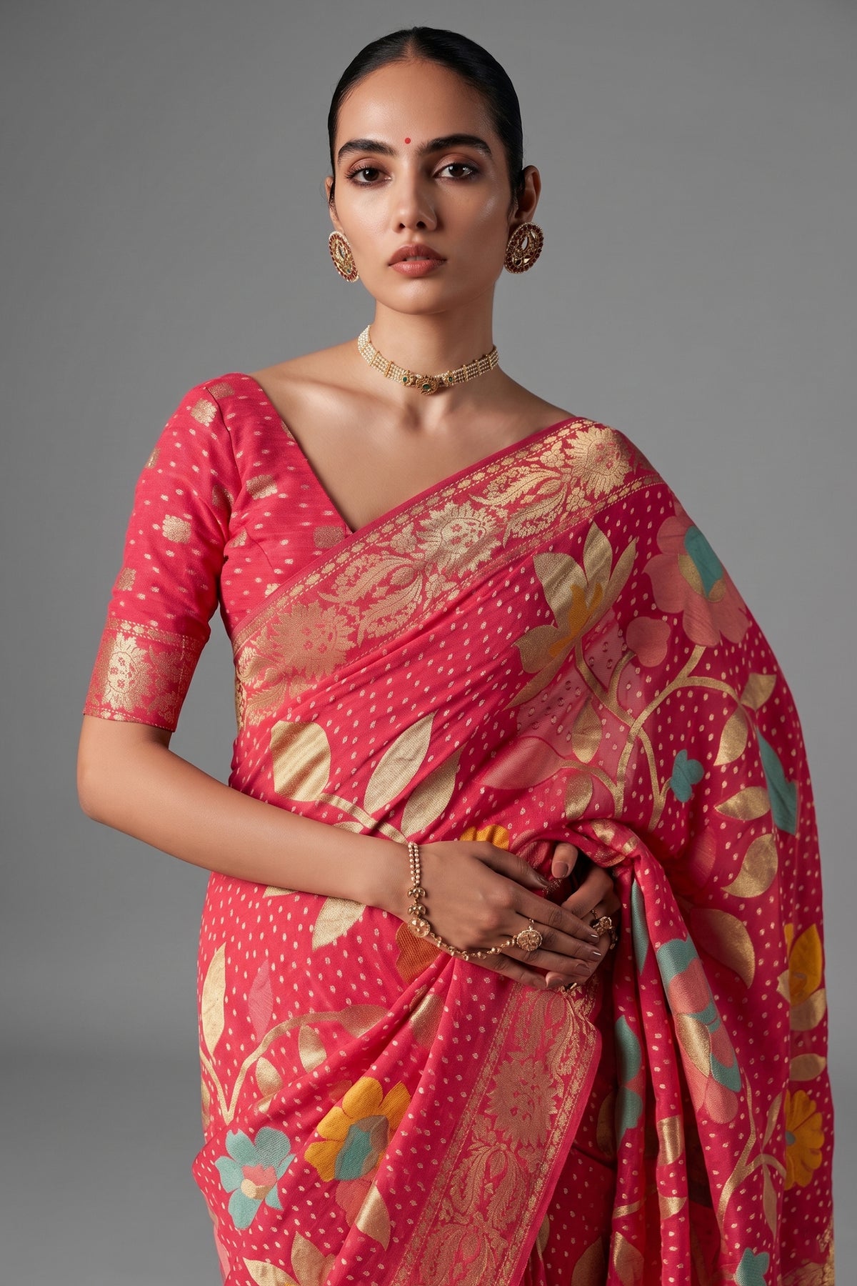 Light Pink Georgette Traditional Bandhej Weaving Saree