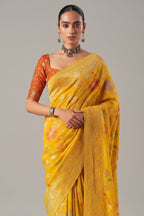 Yellow Georgette Traditional Bandhej Weaving Saree