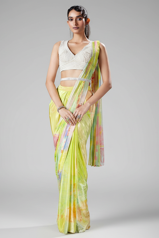 Lime Green and Multi Colored Crepe Silk Pre Draped Saree with Sequins and Cutdana Work Blouse