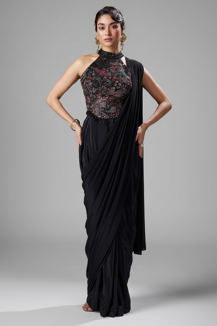 Black Crepe Silk Pre Draped Saree with Halter Neck Sequin Embroidered Blouse