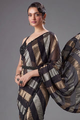 Black Organza Pre Draped Saree with Beaded Cutdana Work Blouse