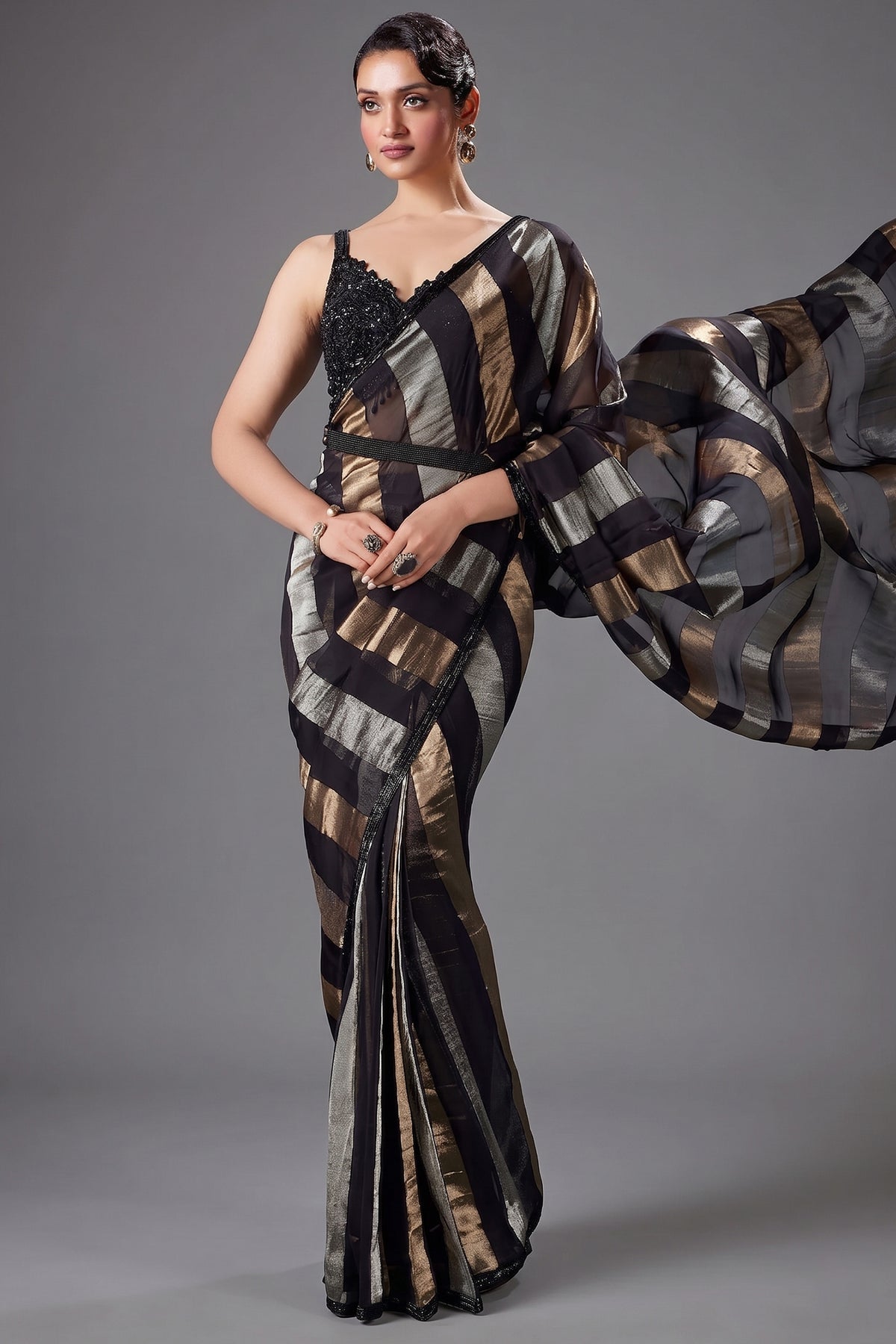 Black Organza Pre Draped Saree with Beaded Cutdana Work Blouse