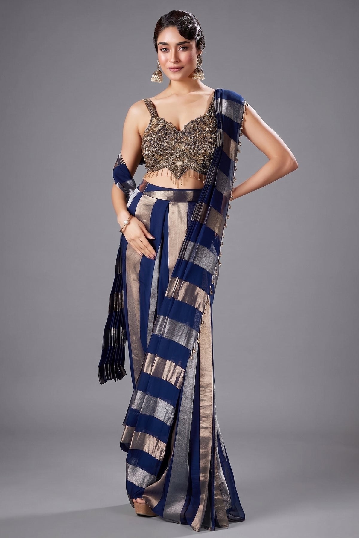 Blue Organza Pre Draped Saree with Bead Work Blouse