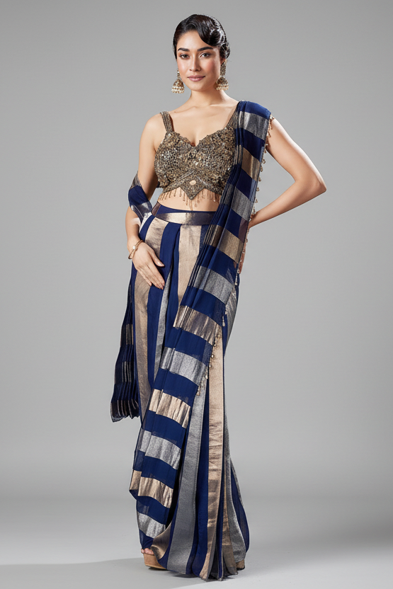 Blue Organza Pre Draped Saree with Bead Work Blouse