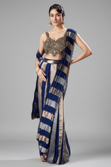 Blue Organza Pre Draped Saree with Bead Work Blouse