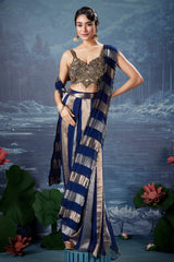 Blue Organza Pre Draped Saree with Bead Work Blouse