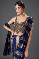 Blue Organza Pre Draped Saree with Bead Work Blouse