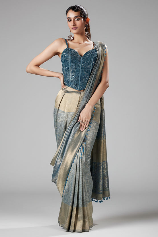 Golden and Blue Tissue Printed Pre Draped Saree with Beaded and Sequin Worked Corset