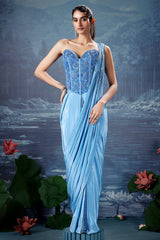 Blue Crepe Silk Readymade Saree with Beaded Cutdana Worked Corset