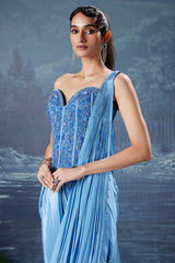 Blue Crepe Silk Readymade Saree with Beaded Cutdana Worked Corset