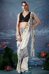 Off White Crepe Silk Printed Readymade Saree with V Neck Sequin Cutdana Work Blouse