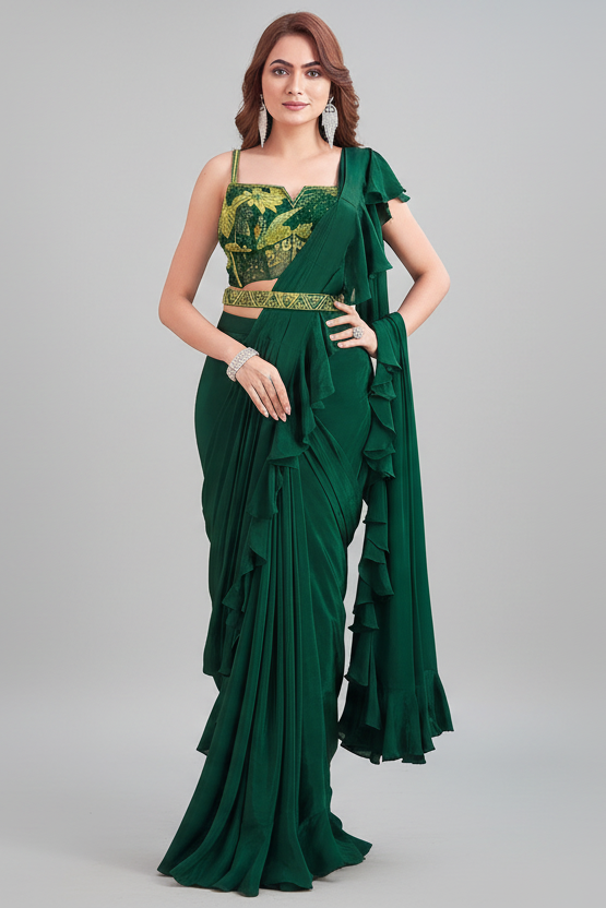 Dark Green Crepe Silk Pre Draped Saree with Sequin Cutdana Work Corset Blouse