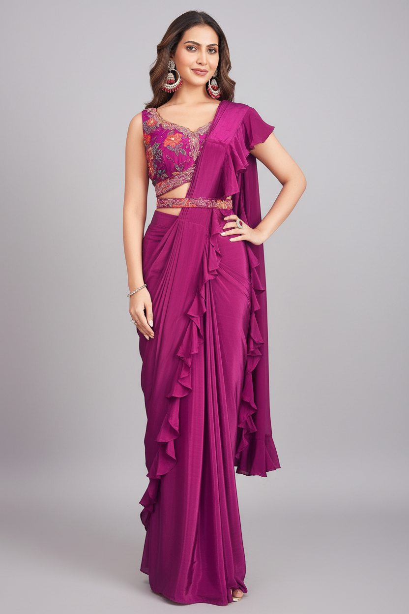 Rani Pink Crepe Silk Pre Draped Saree with Cutdana Beaded Blouse