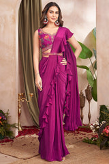 Rani Pink Crepe Silk Pre Draped Saree with Cutdana Beaded Blouse