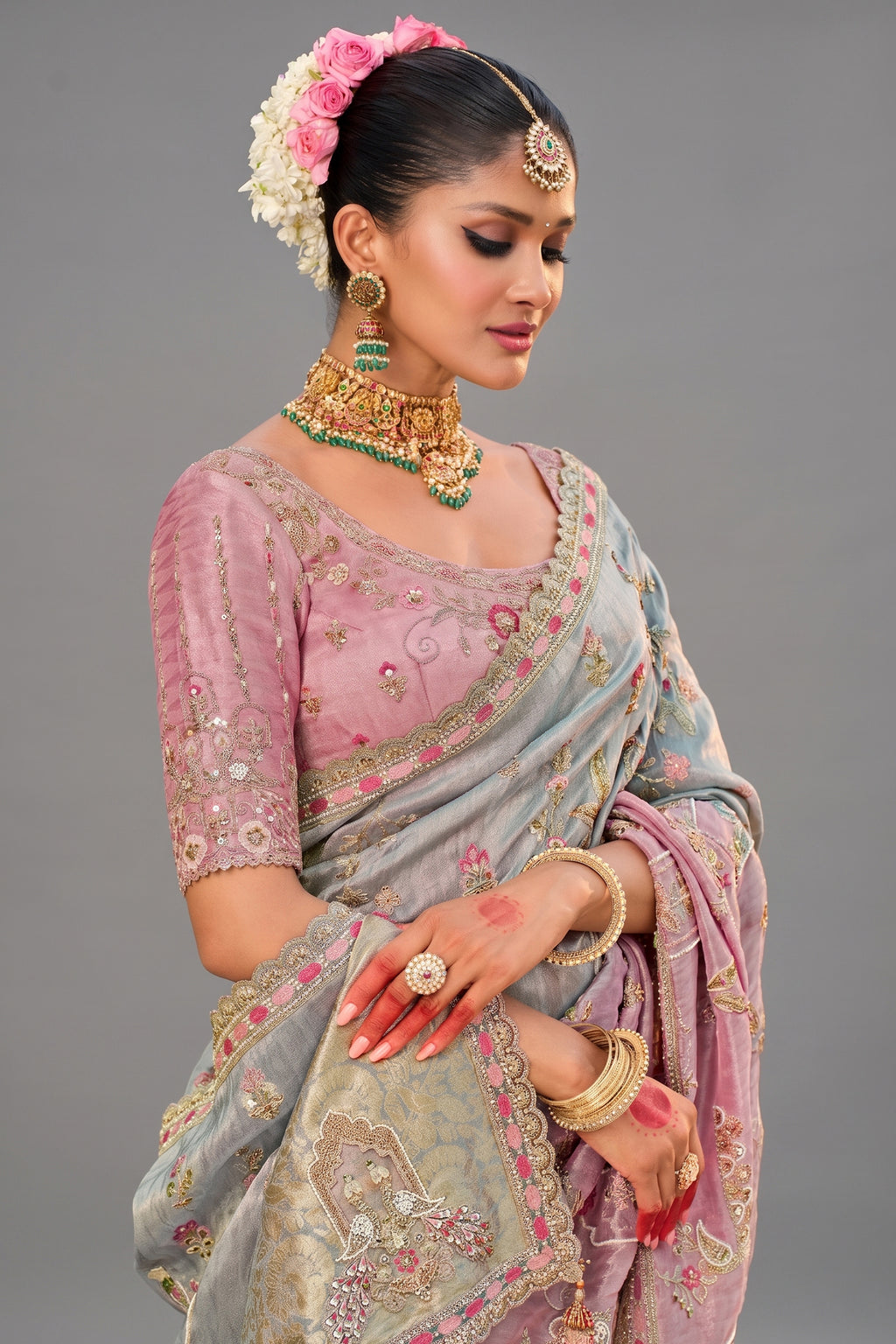 Triple Toned Silk All Over Embroidered Saree