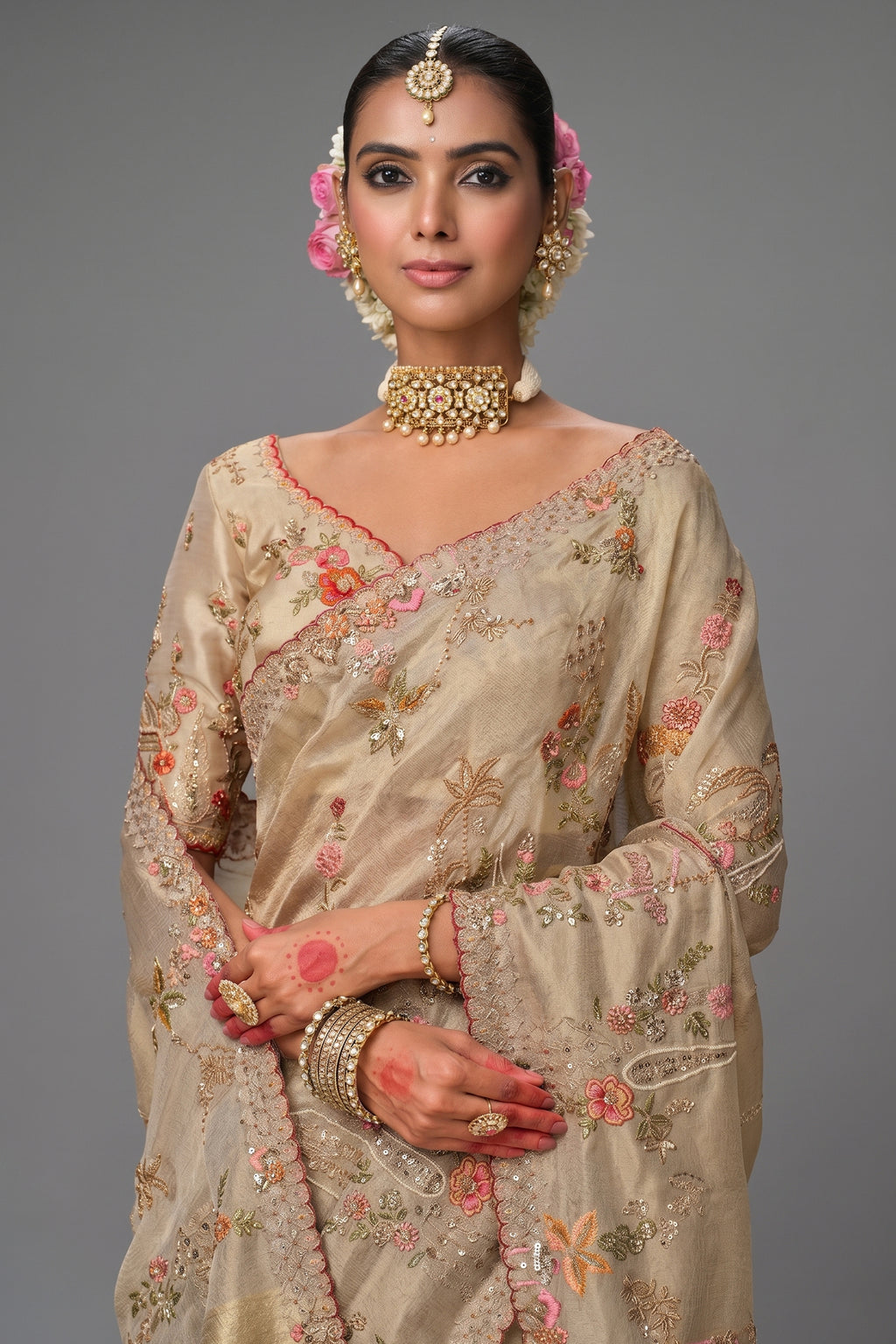 Cream Silk Woven Saree with Embroidery