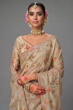 Cream Silk Woven Saree with Embroidery