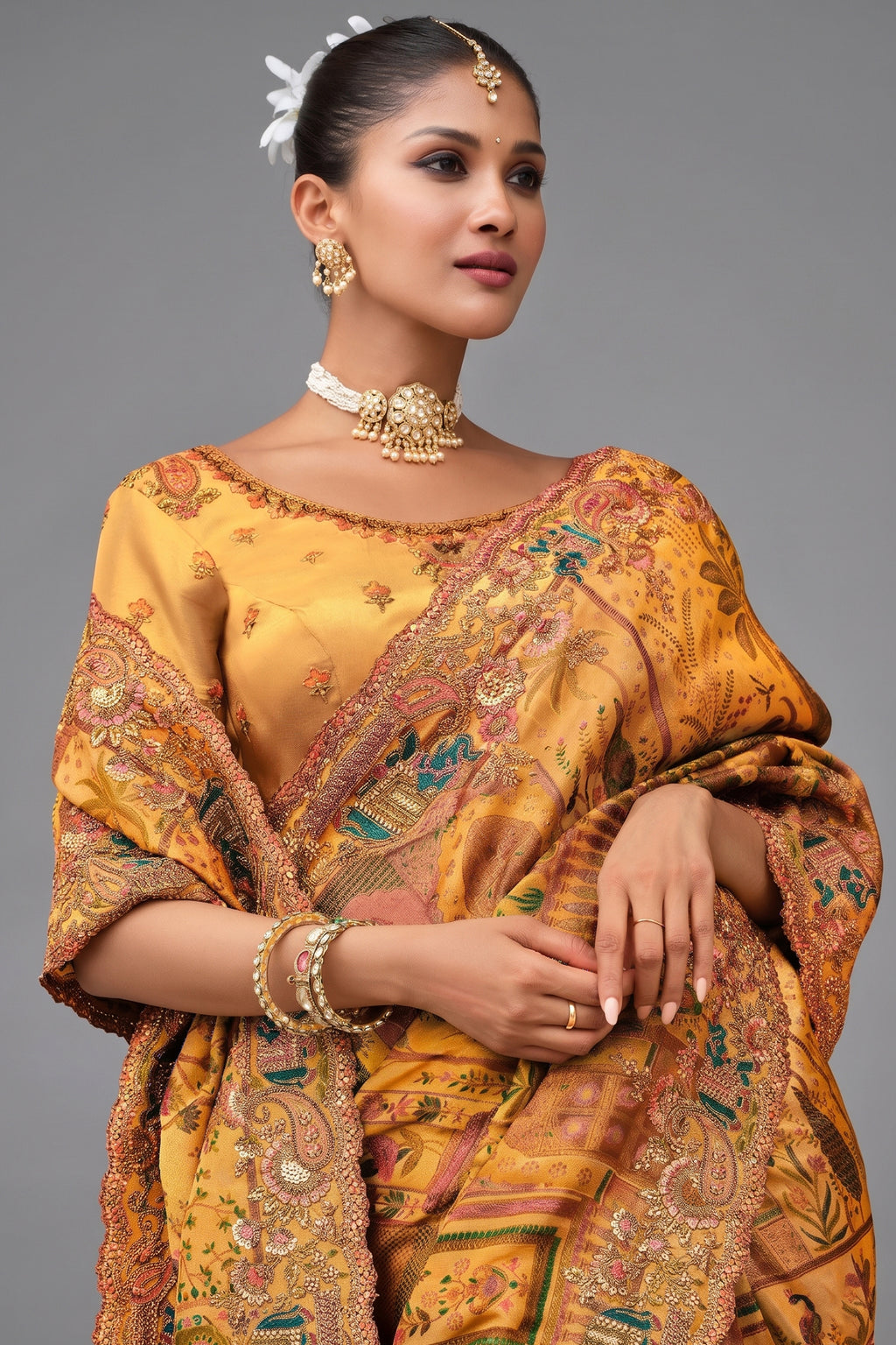 Mustard Silk Woven Saree with Embroidery
