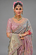 Grey and Pink Silk Woven Saree with Embroidery