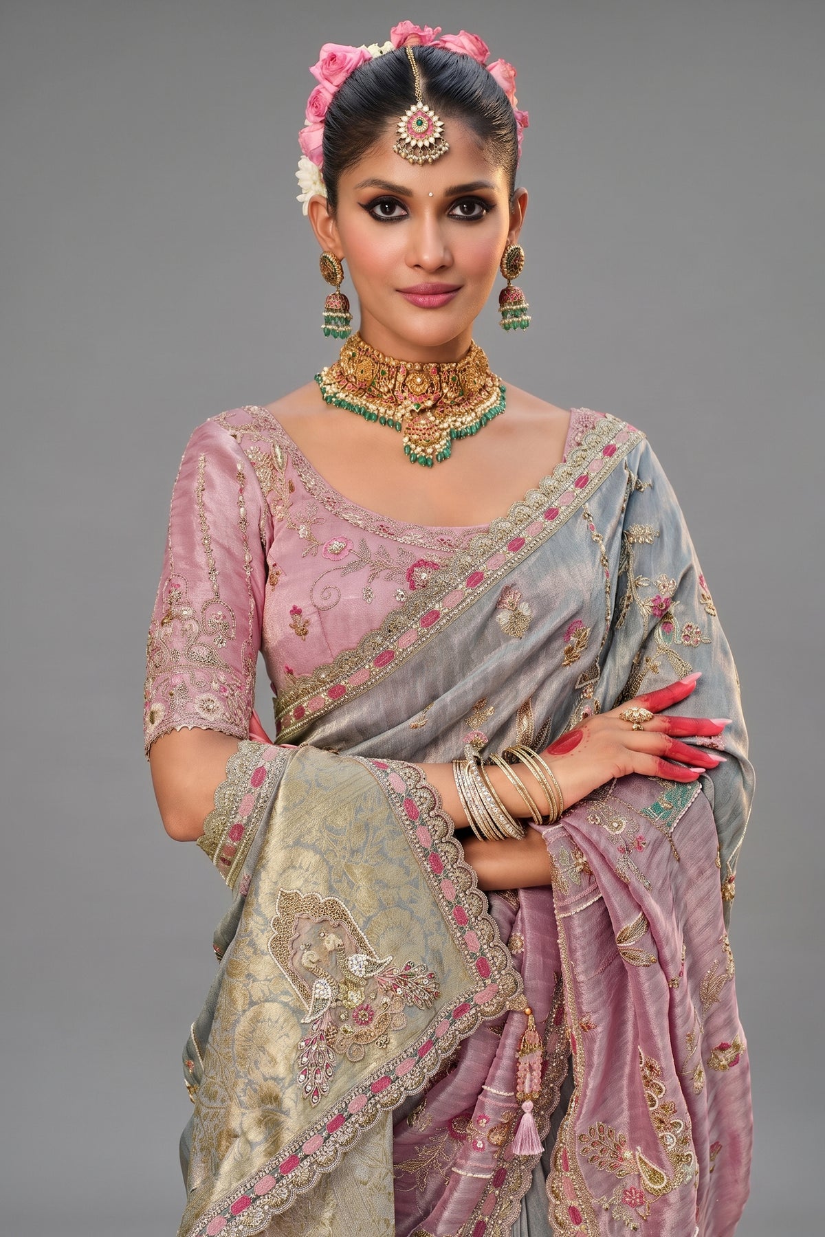 Grey and Pink Silk Woven Saree with Embroidery