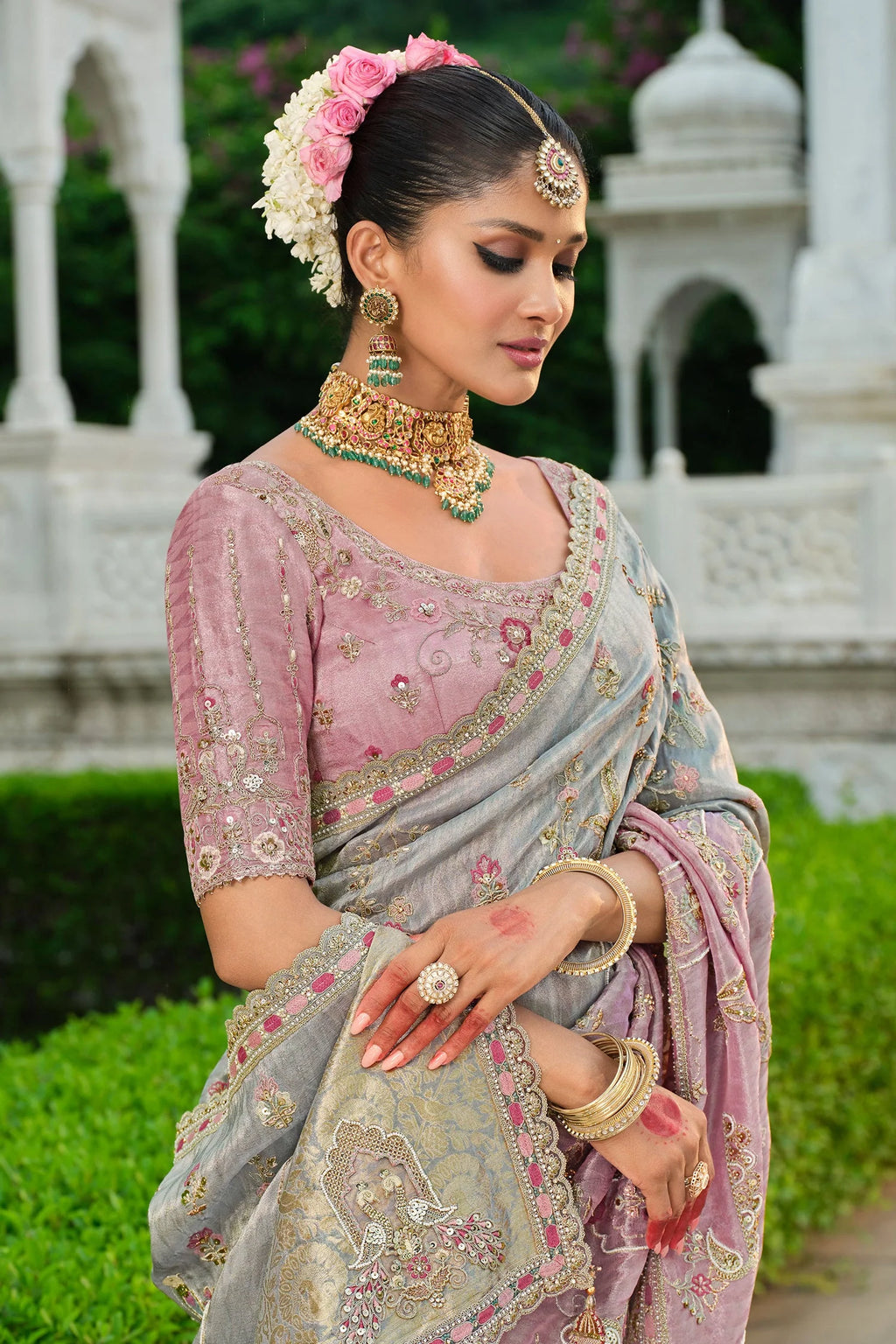 Grey and Pink Silk Woven Saree with Embroidery