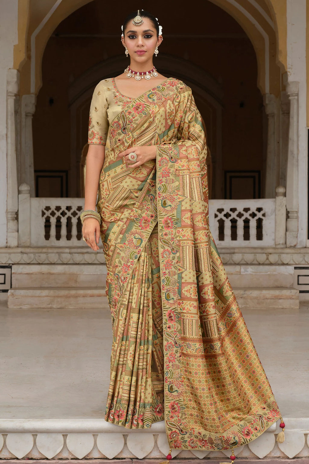 Light Green Silk Woven Saree with Embroidery